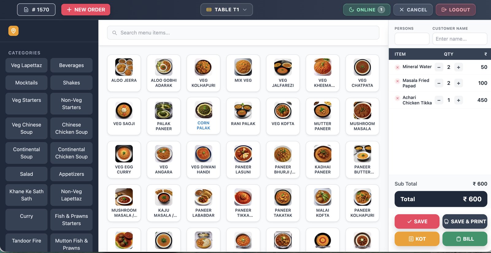 DineDesk billing screen